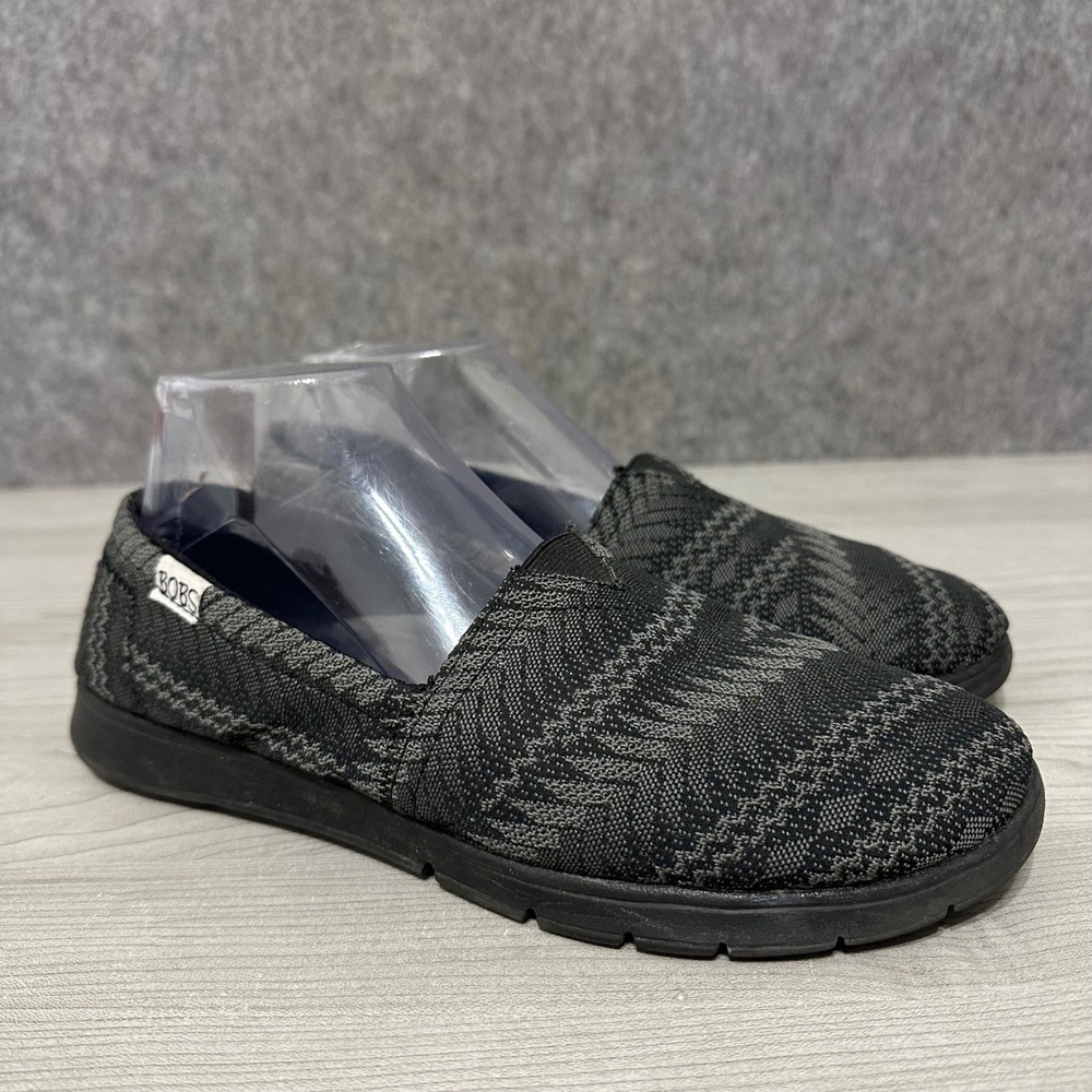 Skechers BOBS Womens Sz 10 Black Gray Patterned Slip On Flat Shoes SN 33602 BLK